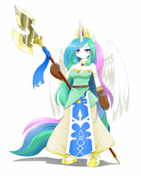 Size: 800x1000 | Tagged: safe, artist:hashioaryut, princess celestia, anthro, arm hooves, halberd, pixiv, solo, warrior celestia