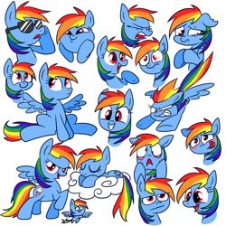 Size: 800x800 | Tagged: safe, artist:vdru7, derpibooru import, part of a set, rainbow dash, pegasus, pony, blushing, cloud, cute, dashabetes, dashface, derp, doodle, floppy ears, flying, happy, multeity, nervous, pixiv, scared, shade, sitting, sleeping, smiling, so awesome, solo, spread wings, unamused