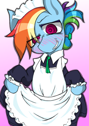 Size: 4248x6024 | Tagged: safe, artist:zemlya, derpibooru import, rainbow dash, pegasus, pony, absurd resolution, bipedal, blushing, clothes, female, looking at you, maid, mare, solo