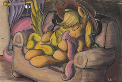 Size: 820x550 | Tagged: safe, artist:kittyhawk-contrail, applejack, fluttershy, earth pony, pegasus, pony, appleshy, cuddling, female, lesbian, shipping, snuggling, sofa