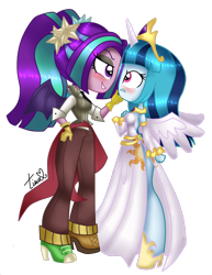 Size: 580x751 | Tagged: safe, artist:tinacrazy29, aria blaze, discord, princess celestia, sonata dusk, equestria girls, alternate costumes, arisona, blushing, clothes, costume, female, lesbian, loose hair, shipping