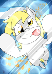 Size: 1280x1810 | Tagged: safe, artist:graphic-lee, derpy hooves, fish, pegasus, pony, whale, against glass, female, glass, looking at you, mare, solo, tongue out, underwater