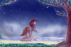 Size: 1000x666 | Tagged: safe, artist:qweeli, pinkie pie, earth pony, pony, female, mare, night, raised hoof, sky, solo, stars, tree