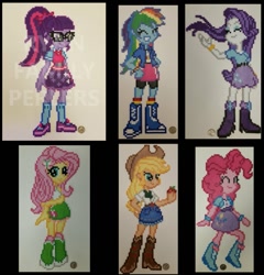 Size: 953x994 | Tagged: artist needed, safe, derpibooru import, applejack, fluttershy, pinkie pie, rainbow dash, rarity, sci-twi, twilight sparkle, equestria girls, eqg promo pose set, humane five, humane six, mane five, mane six, perler beads