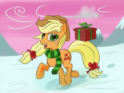 Size: 800x600 | Tagged: safe, artist:chaosmalefic, applejack, earth pony, pony, clothes, present, scarf, snow, solo