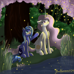 Size: 3000x3000 | Tagged: safe, artist:dreamyartcosplay, princess celestia, princess luna, alicorn, firefly (insect), pony, forest, pink-mane celestia, s1 luna, water, younger