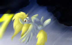 Size: 4000x2500 | Tagged: safe, artist:mufflinka, derpy hooves, pegasus, pony, female, lightning, mare, rain, solo, storm