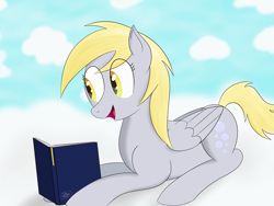 Size: 1600x1200 | Tagged: safe, artist:m2mcgrath, derpy hooves, pegasus, pony, book, cloud, female, mare, solo, underp