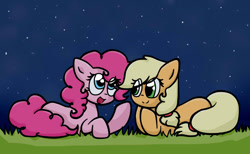 Size: 1002x617 | Tagged: safe, artist:luckyshy, applejack, pinkie pie, earth pony, pony, applepie, female, lesbian, night, shipping