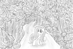 Size: 977x666 | Tagged: safe, artist:breezethepony, fluttershy, pegasus, pony, forest, hat, monochrome, solo, tree