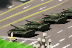 Size: 1500x1000 | Tagged: safe, artist:kopaleo, fluttershy, pegasus, pony, china, female, grass, mare, parody, ponified, solo focus, spread wings, street, tank (vehicle), tank man, tiananmen square, type 59