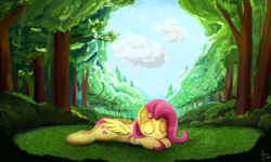 Size: 3200x1920 | Tagged: safe, artist:tivy, fluttershy, pegasus, pony, scenery, sleeping, solo