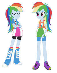 Size: 475x602 | Tagged: safe, artist:berrypunchrules, derpibooru import, rainbow dash, equestria girls, alternate costumes, boots, bracelet, clothes, eyes closed, human counterpart, jewelry, looking at you, pony counterpart, self ponidox, shoes, socks, wristband