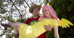 Size: 1000x519 | Tagged: artist needed, safe, big macintosh, fluttershy, human, 2013, carrying, convention, cosplay, female, fluttermac, irl, irl human, male, photo, portcon, portcon 2013, shipping, straight