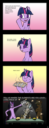 Size: 700x1806 | Tagged: safe, artist:mimtii, applejack, discord, twilight sparkle, earth pony, pony, bait and switch, bipedal, cigarette, comic, drawn together, interrogation, muffin, smoking, violence