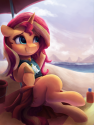 Size: 2250x3000 | Tagged: safe, artist:vanillaghosties, sunset shimmer, pony, unicorn, better together, forgotten friendship, beach, bikini, clothes, cute, female, lying down, mare, midriff, sarong, shimmerbetes, sitting, smiling, solo, swimsuit, umbrella, water