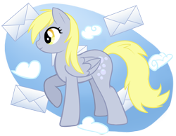 Size: 1403x1088 | Tagged: safe, artist:fire-girl872, derpy hooves, pegasus, pony, cloud, female, letter, mail, mare, solo