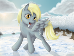 Size: 1600x1200 | Tagged: safe, artist:masdragonflare, derpy hooves, pegasus, pony, female, glitter, mare, snow, solo, tree, winter