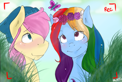 Size: 900x600 | Tagged: safe, artist:mrscurlystyles, derpibooru import, butterscotch, fluttershy, rainbow dash, butterfly, pegasus, pony, alternate hairstyle, butterdash, female, flower in hair, male, rule 63, shipping, straight