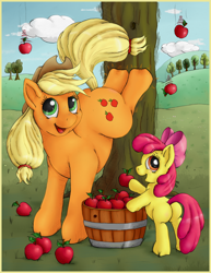 Size: 2500x3243 | Tagged: safe, artist:ratwhiskers, apple bloom, applejack, earth pony, pony, apple, applebucking, applejack mid tree-buck facing the left with 3 apples falling down, applejack mid tree-buck with 3 apples falling down, barrel, bucket, cloud, cloudy, kicking, palindrome get, plot, tree, trunk