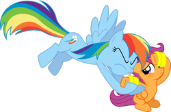 Size: 1024x673 | Tagged: safe, artist:masem, derpibooru import, rainbow dash, scootaloo, pegasus, pony, blowing, blushing, cute, cutealoo, dashabetes, floaty, inflatable, puffy cheeks, rainblow dash, scootalove, simple background, transparent background, water wings