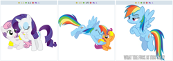 Size: 768x273 | Tagged: safe, artist:masem, derpibooru import, rainbow dash, rarity, scootaloo, sweetie belle, pegasus, pony, unicorn, blowing, blushing, derpibooru, exploitable meme, floaty, inflatable, juxtaposition, juxtaposition win, meme, meta, puffy cheeks, vulgar, water wings