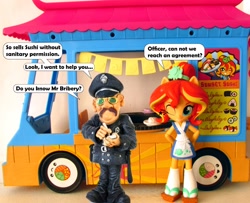 Size: 906x735 | Tagged: safe, artist:whatthehell!?, sunset shimmer, equestria girls, apron, bribery, clothes, doll, equestria girls minis, food, glasses, happi, irl, photo, police, police officer, shoes, sunset sushi, sushi, toy, truck, uniform