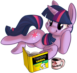 Size: 900x846 | Tagged: safe, artist:php27, derpy hooves, twilight sparkle, unicorn, book, cup, for dummies, lying, lying down, mug, on side, reading, simple background, smiling, squishy cheeks, transparent background