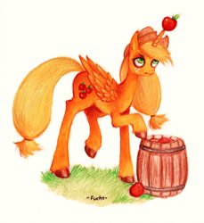 Size: 1084x1184 | Tagged: safe, artist:-fuchs-, applejack, alicorn, pony, alicornified, annoyed, apple, applecorn, colored, race swap, scrunchy face, simple background, solo, traditional art