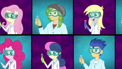 Size: 1920x1080 | Tagged: safe, screencap, bon bon, derpy hooves, flash sentry, fluttershy, pinkie pie, sandalwood, sweetie drops, acadeca, equestria girls, friendship games, clothes, goggles, lab coat, potion, this will end in science