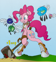 Size: 905x1000 | Tagged: safe, artist:dfectivedvice, artist:shawnyall, pinkie pie, parasprite, pony, bipedal, bottomless, clothes, colored, fantasy class, hammer, murder, rpg, tail wrap