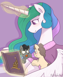 Size: 2048x2500 | Tagged: safe, artist:dracojayproduct, kibitz, princess celestia, oc, oc:reginald, alicorn, pony, book, foal, levitation, magic, momlestia, reading