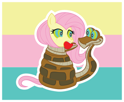 Size: 2169x1784 | Tagged: safe, artist:brayburnman, fluttershy, pegasus, pony, snake, apple, coils, imminent vore, kaa, mind control, peril