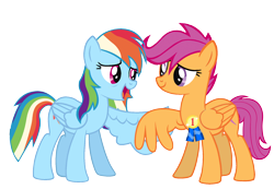 Size: 1548x1071 | Tagged: safe, artist:avisola, derpibooru import, rainbow dash, scootaloo, pegasus, pony, medal, older