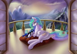 Size: 1280x905 | Tagged: safe, artist:theflankbank, nightmare moon, princess celestia, alicorn, pony, balcony, dock, looking at you, pillow, plot, plushie, smiling, solo, sunbutt