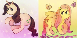 Size: 1000x499 | Tagged: safe, artist:cactuscakes, fluttershy, rarity, butterfly, pegasus, pony, unicorn, female, horn, mare