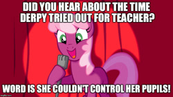 Size: 800x450 | Tagged: safe, cheerilee, derpy hooves, earth pony, pegasus, pony, bad joke, cheerilee pun, curtain, exploitable meme, female, green eyes, mare, meme, microphone, open mouth, pun, smiling, solo, spotlight, text, two toned mane, two toned tail