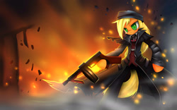 Size: 1920x1200 | Tagged: safe, artist:cyanaeolin, applejack, earth pony, pony, cosplay, crossover, graves, gun, league of legends, solo, tommy gun