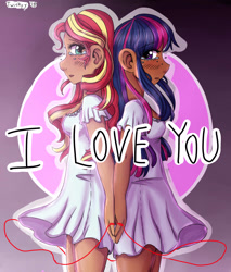 Size: 2975x3500 | Tagged: safe, artist:mylittleyuri, sunset shimmer, twilight sparkle, human, equestria girls, back to back, blue hair, blushing, breasts, clothes, crying, dark skin, digital art, dress, eyelashes, female, holding hands, humanized, lesbian, long hair, looking back, love, multicolored hair, pink hair, purple hair, red hair, shipping, sunsetsparkle, yellow hair