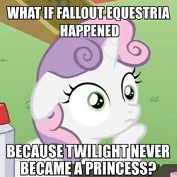 Size: 500x500 | Tagged: safe, derpibooru import, edit, edited screencap, screencap, sweetie belle, twilight sparkle, twilight sparkle (alicorn), alicorn, pony, unicorn, fallout equestria, ponyville confidential, female, filly, horn, mare, meme, solo, sudden clarity sweetie belle, text, two toned mane, white coat, wide eyes
