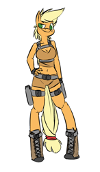 Size: 496x848 | Tagged: safe, artist:cider, applejack, anthro, unguligrade anthro, belly button, cosplay, holster, lara croft, midriff, simple background, solo