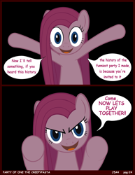 Size: 2550x3300 | Tagged: safe, artist:j5a4, pinkie pie, pony, comic:party of one, comic, comic sans, fourth wall, glare, happy, leaning, looking at you, open mouth, pinkamena diane pie, smiling, solo, underhoof