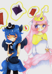 Size: 3464x4896 | Tagged: safe, artist:mizuki-yorudan, princess celestia, princess luna, human, book, eared humanization, horned humanization, humanized, winged humanization