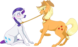 Size: 1146x702 | Tagged: safe, artist:the-chibster, applejack, rarity, earth pony, pony, unicorn, female, leash, lesbian, rarijack, rope, shipping