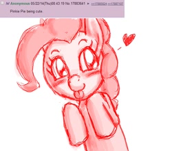 Size: 660x579 | Tagged: safe, artist:redanon, pinkie pie, earth pony, pony, :p, blushing, cute, drawing error, heart, looking at you, monochrome, smiling, solo, tongue out