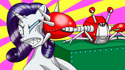 Size: 3900x2200 | Tagged: safe, artist:heartshielder1991, rarity, crab, pony, robot, unicorn, abuse, badnik, crossover, giant crab, punch, raribuse, rarity fighting a giant crab, shellcracker, sonic the hedgehog (series)