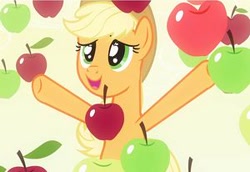 Size: 300x206 | Tagged: safe, screencap, applejack, earth pony, pony, bats!, apple, apple eyes, apple rain, cropped, female, food, happy, mare, picture for breezies, smiling, solo, that pony sure does love apples, wingding eyes