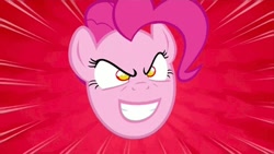 Size: 600x338 | Tagged: safe, edit, edited screencap, screencap, pinkie pie, earth pony, pony, the last roundup, evil grin, inverted mouth, pinkie promise, pure unfiltered evil, smiling, solo