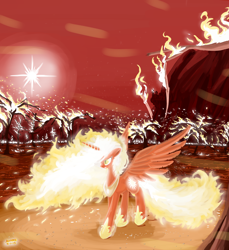 Size: 2304x2520 | Tagged: safe, artist:atteez, nightmare star, princess celestia, alicorn, pony, apocalypse, burning, corrupted, fire, madness, ruins, scorched earth, solo