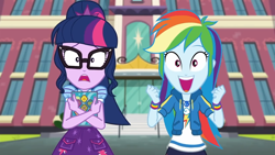 Size: 1920x1080 | Tagged: safe, derpibooru import, screencap, rainbow dash, sci-twi, twilight sparkle, better together, equestria girls, the last day of school, female, geode of super speed, looking at you, magical geodes, shocked, smiling, varying degrees of want